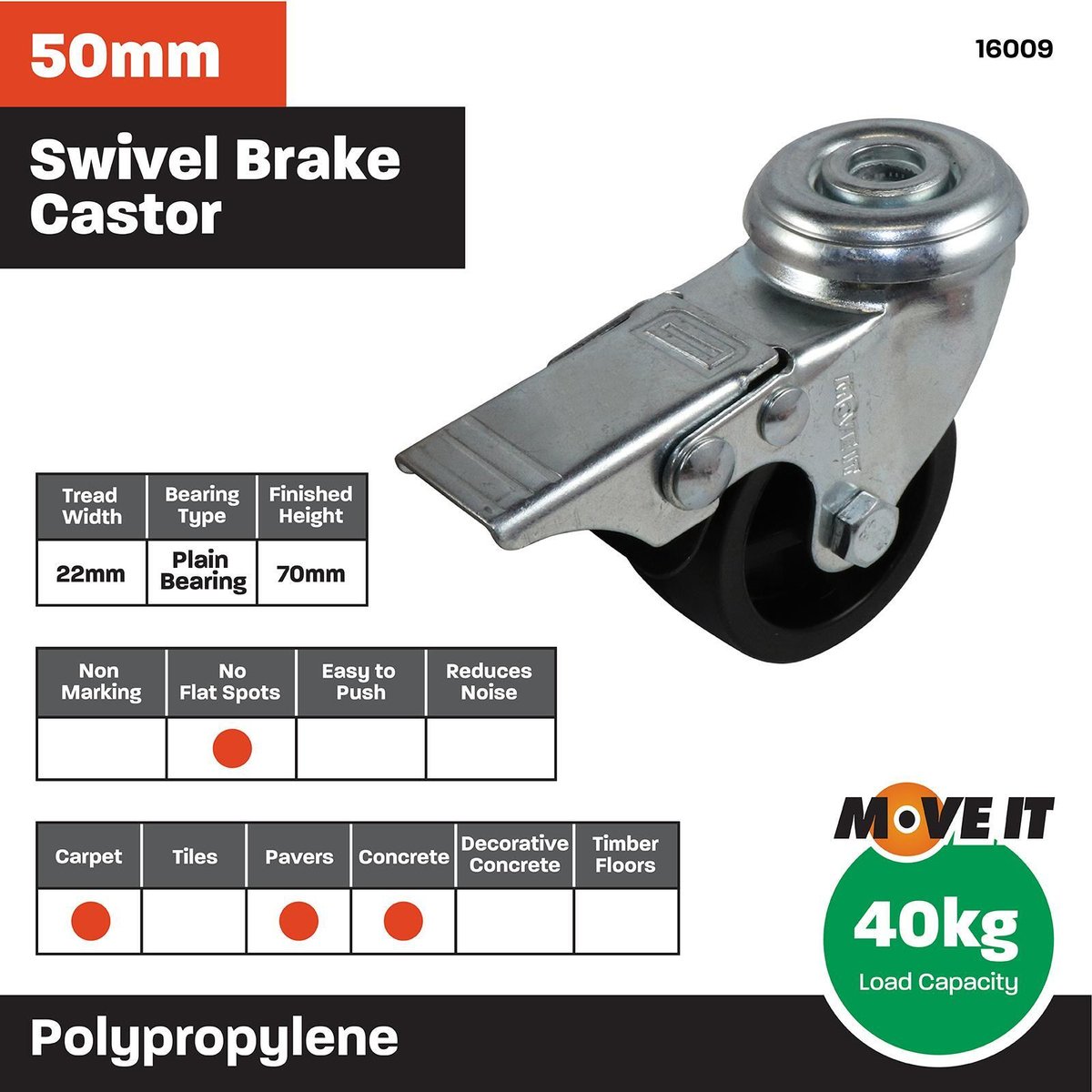 Move It 50mm Steel Hole-Mount Swivel Castor with Brake