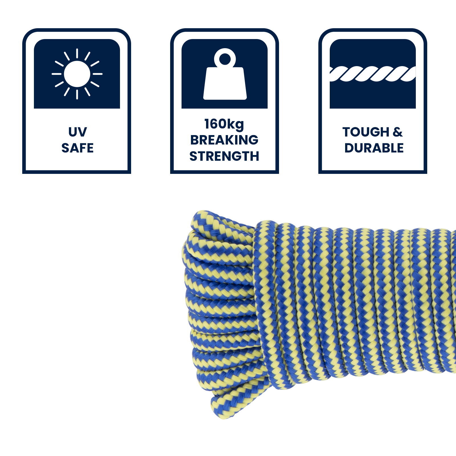 Grunt 6mm x 15m Multi-Purpose Rope, Blue/Red/White Twisted Polypropylene, Floats, 160kg Break Strength