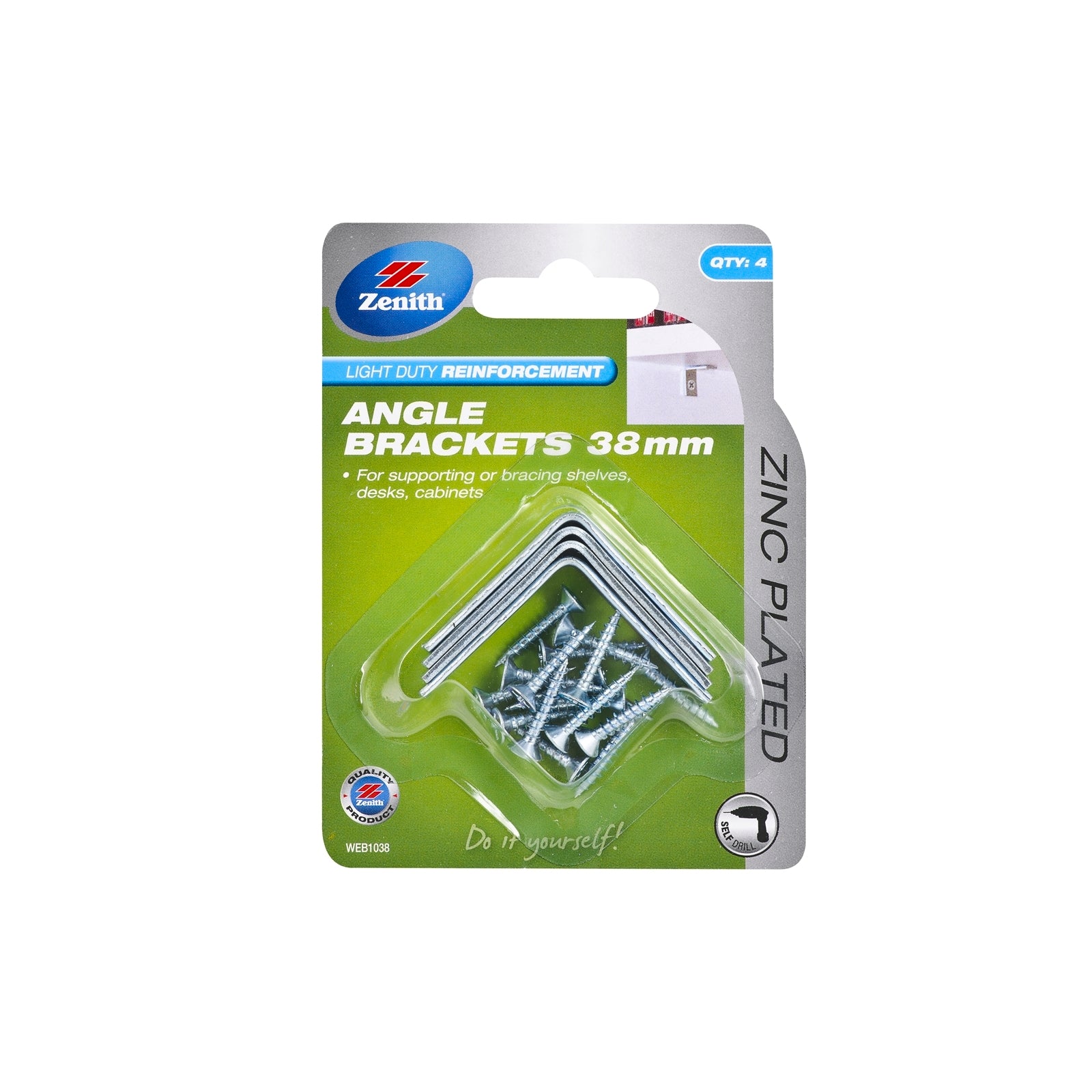 Zenith 38mm Zinc Plated Steel Angle Brackets, 4 Pack with Screws for Shelves and Cabinets