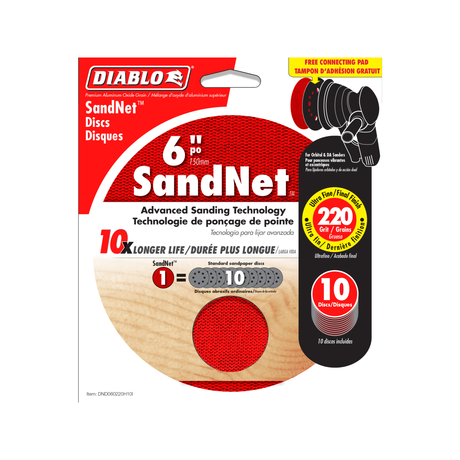 Diablo 150mm 220 Grit SandNET Orbital Discs with Connection Pad 10 Pack Red
