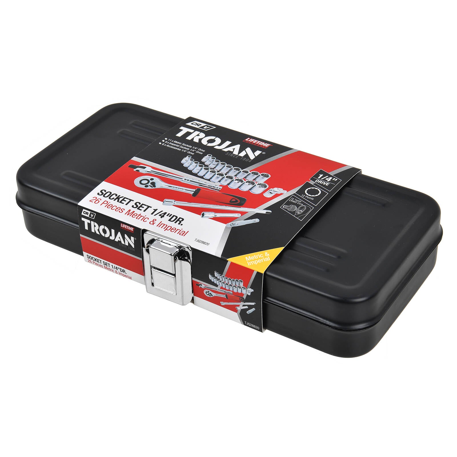 Trojan 26 Piece Socket Tin Set 1/4" Drive Metric & Imperial Chrome Vanadium
