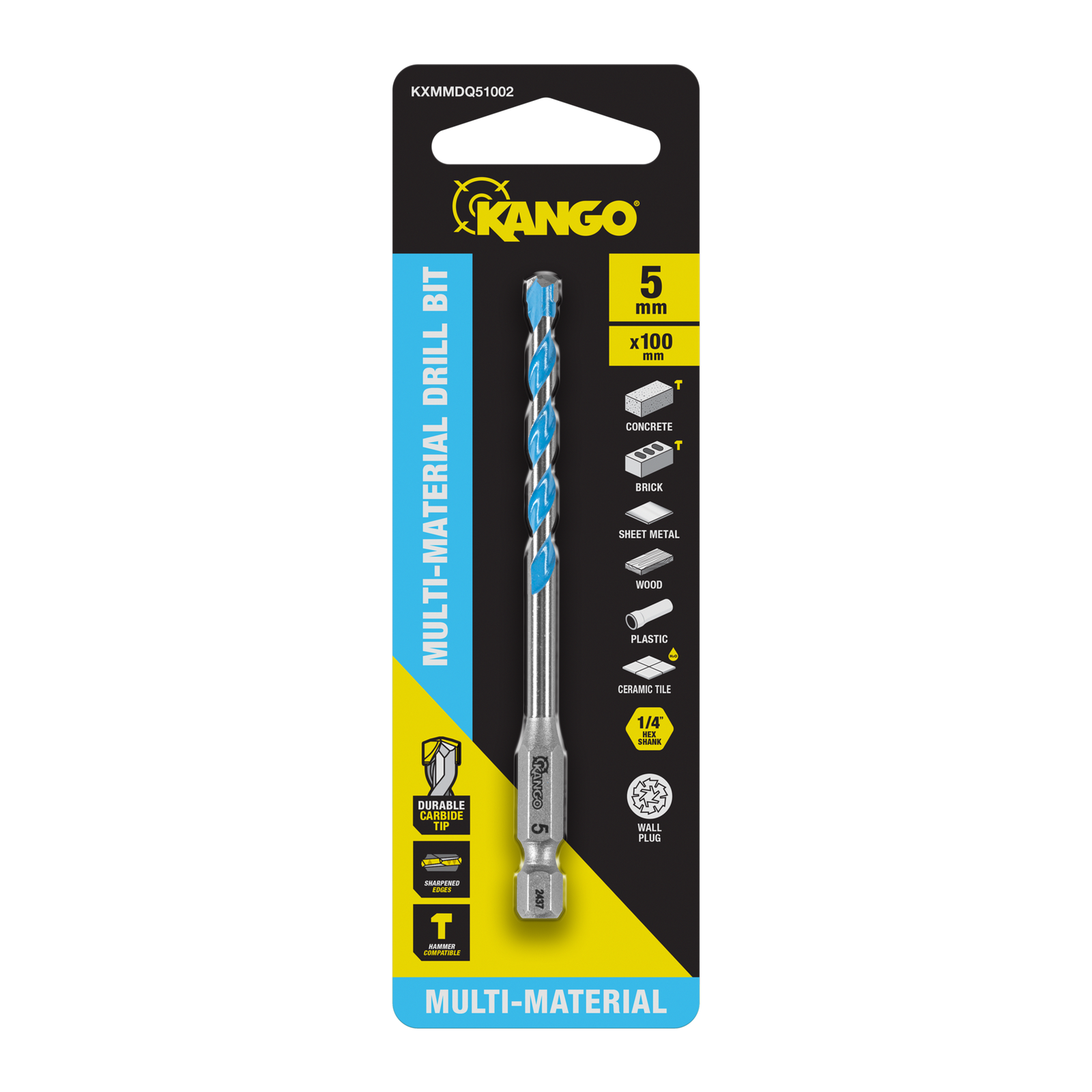 Kango 5 x 100mm Multi-Material Drill Bit - Carbide Tip, 1/4" Hex Shank