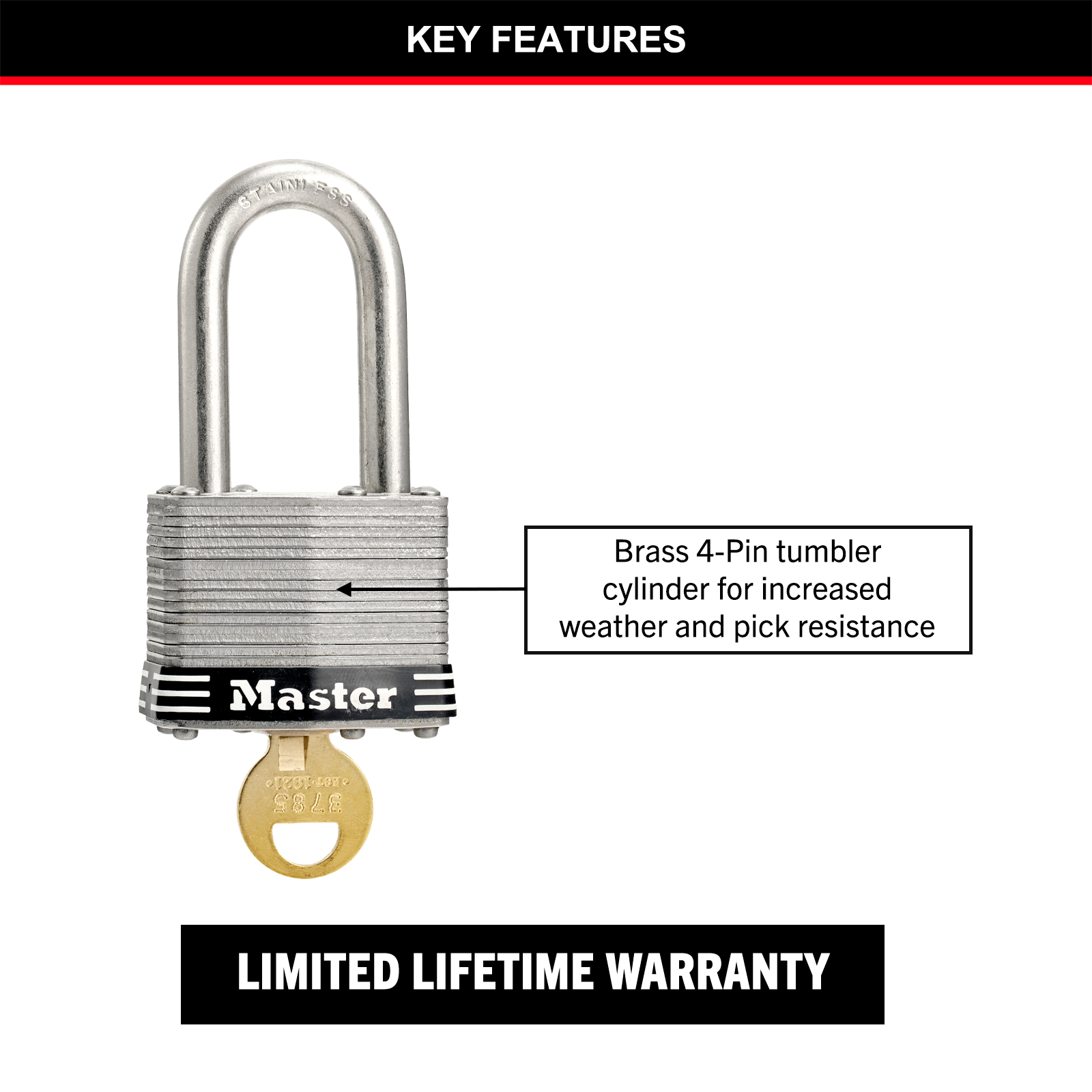 Master Lock 44mm Laminated Stainless Steel Padlock with Pin Cylinder
