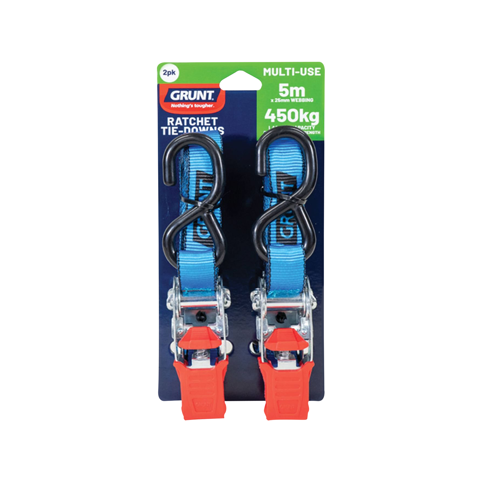 Grunt 25mm x 5m 450kg Ratchet Tie Down - 2 Pack