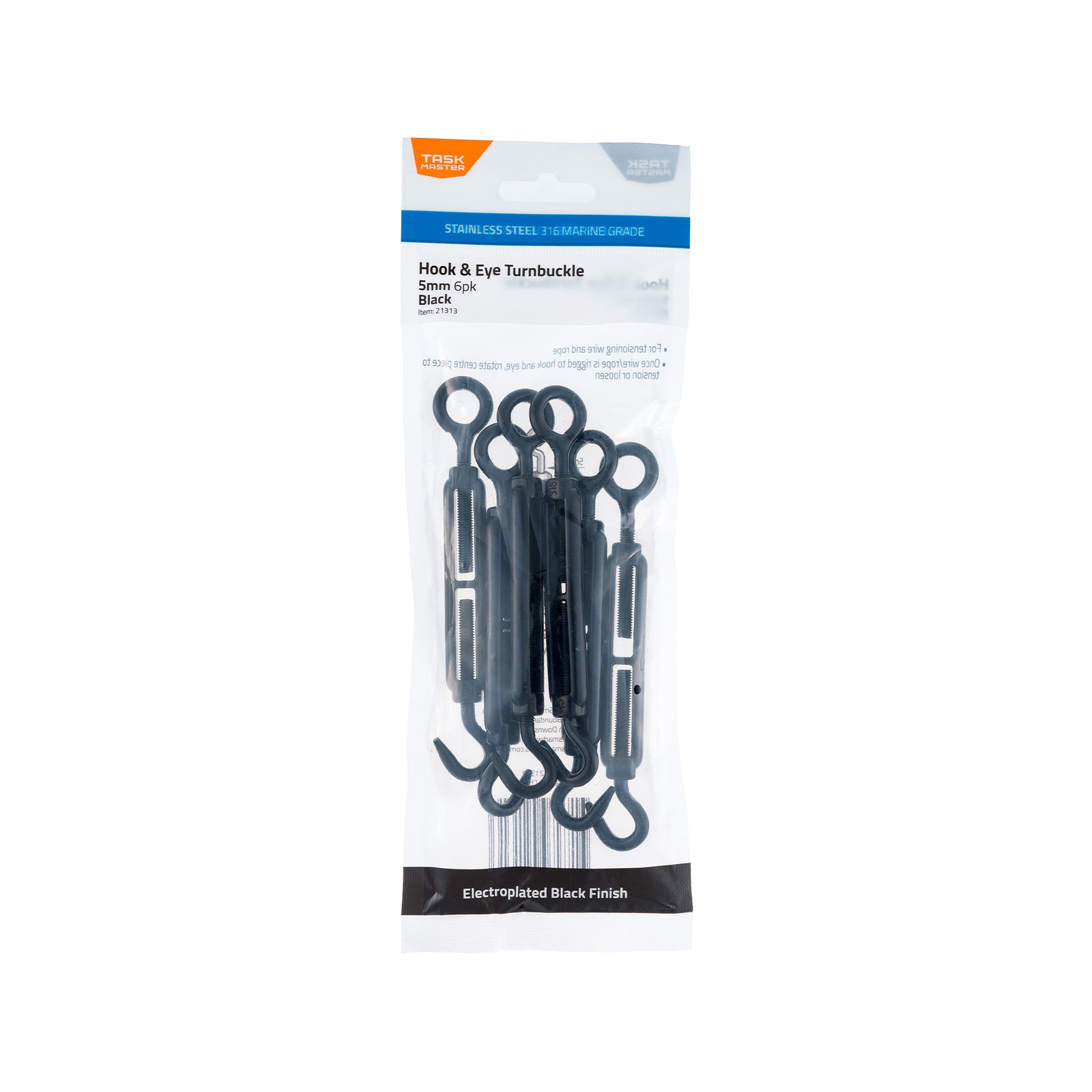 Taskmaster 5mm Black 316 Stainless Steel Turnbuckle Hook & Eye 6 Pack