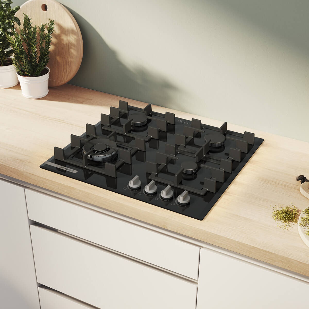 Bosch 60cm Series 4 Black Glass Gas Cooktop - Four Burners, Wok Burner, Frameless Design - PNK6B6K40A