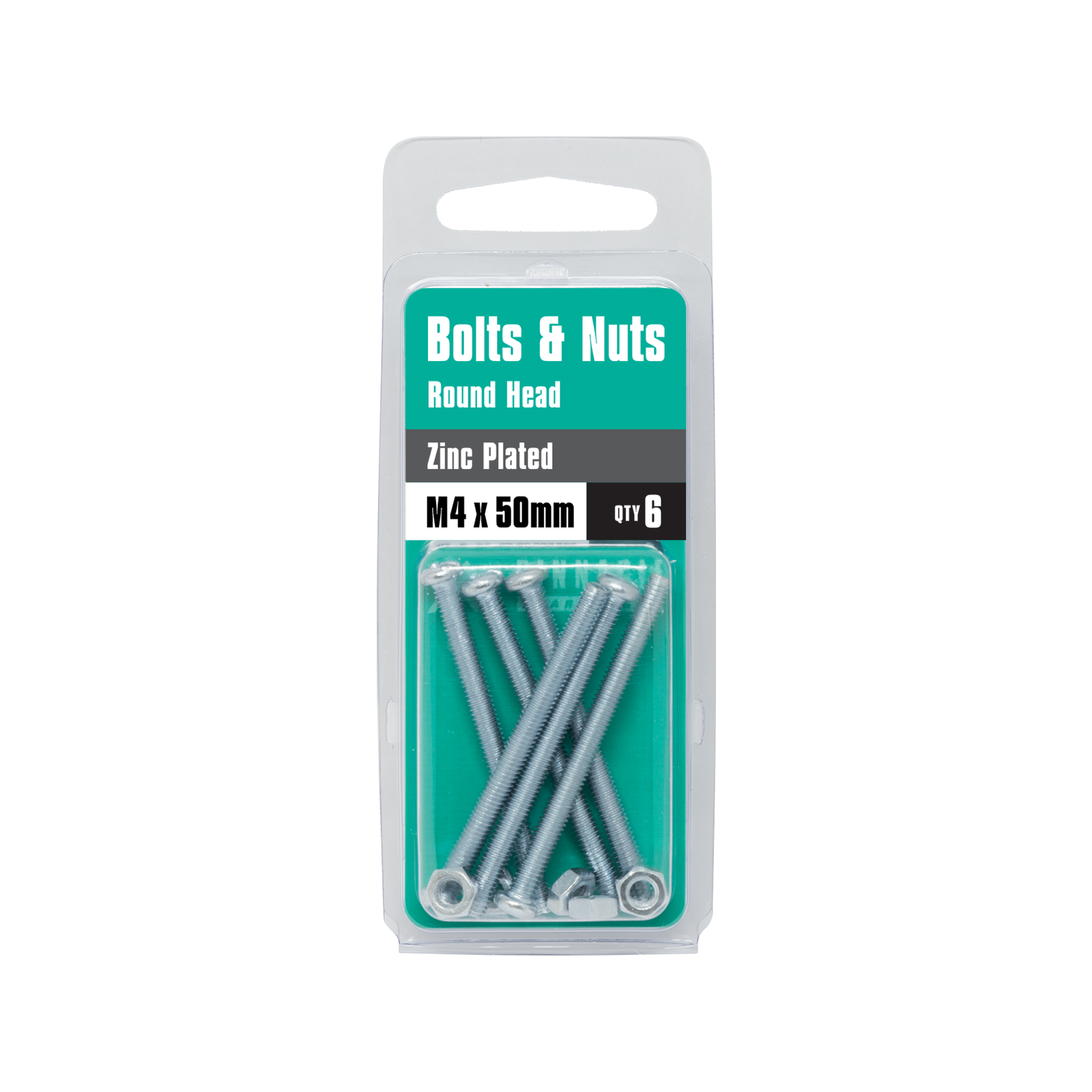 Pinnacle M4 x 50mm Zinc Plated Round Head Bolts And Nuts - 6 Pack