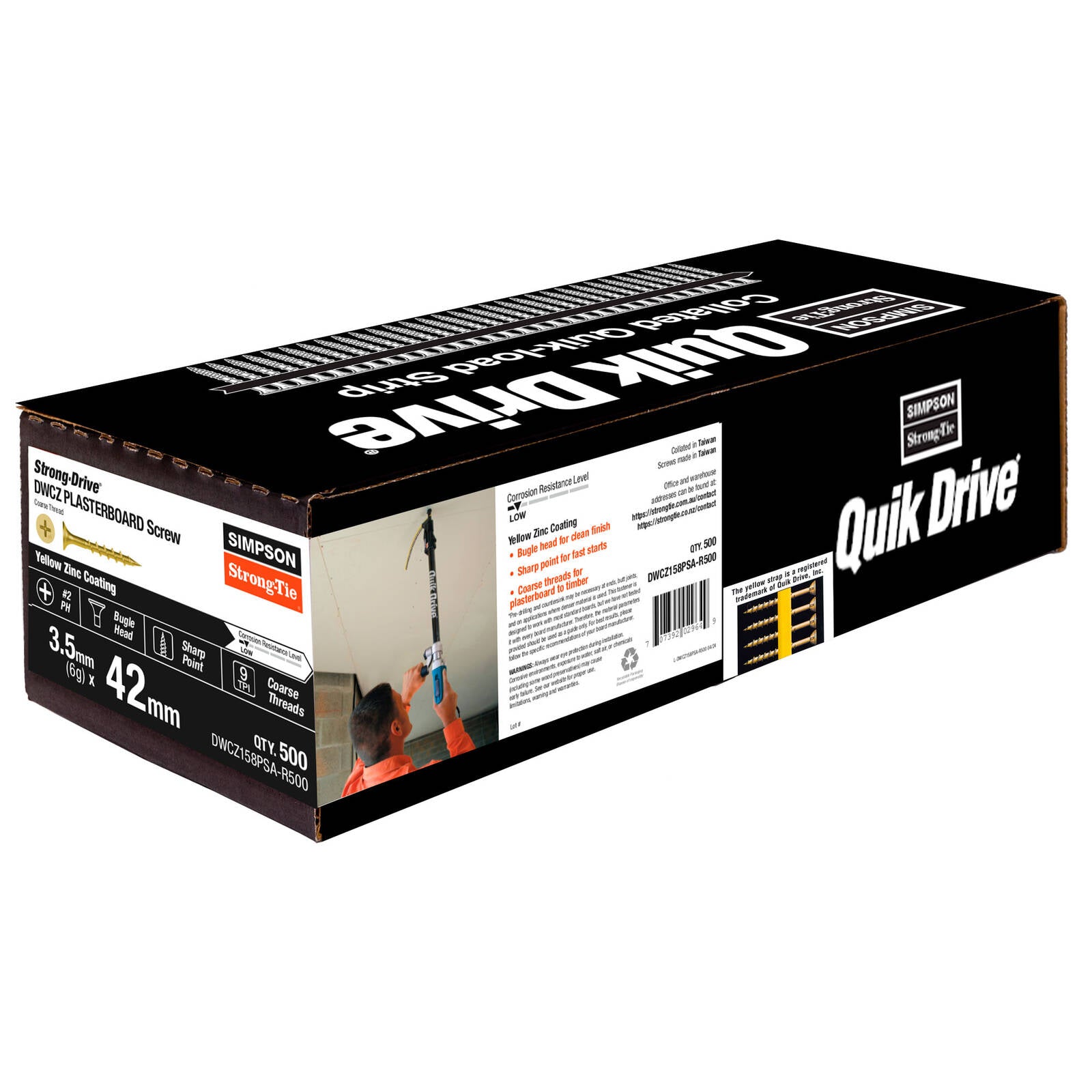 Simpson Strong-Tie 6G x 42mm Zinc Yellow Collated Quik Drive Plaster Screw 500 Pack