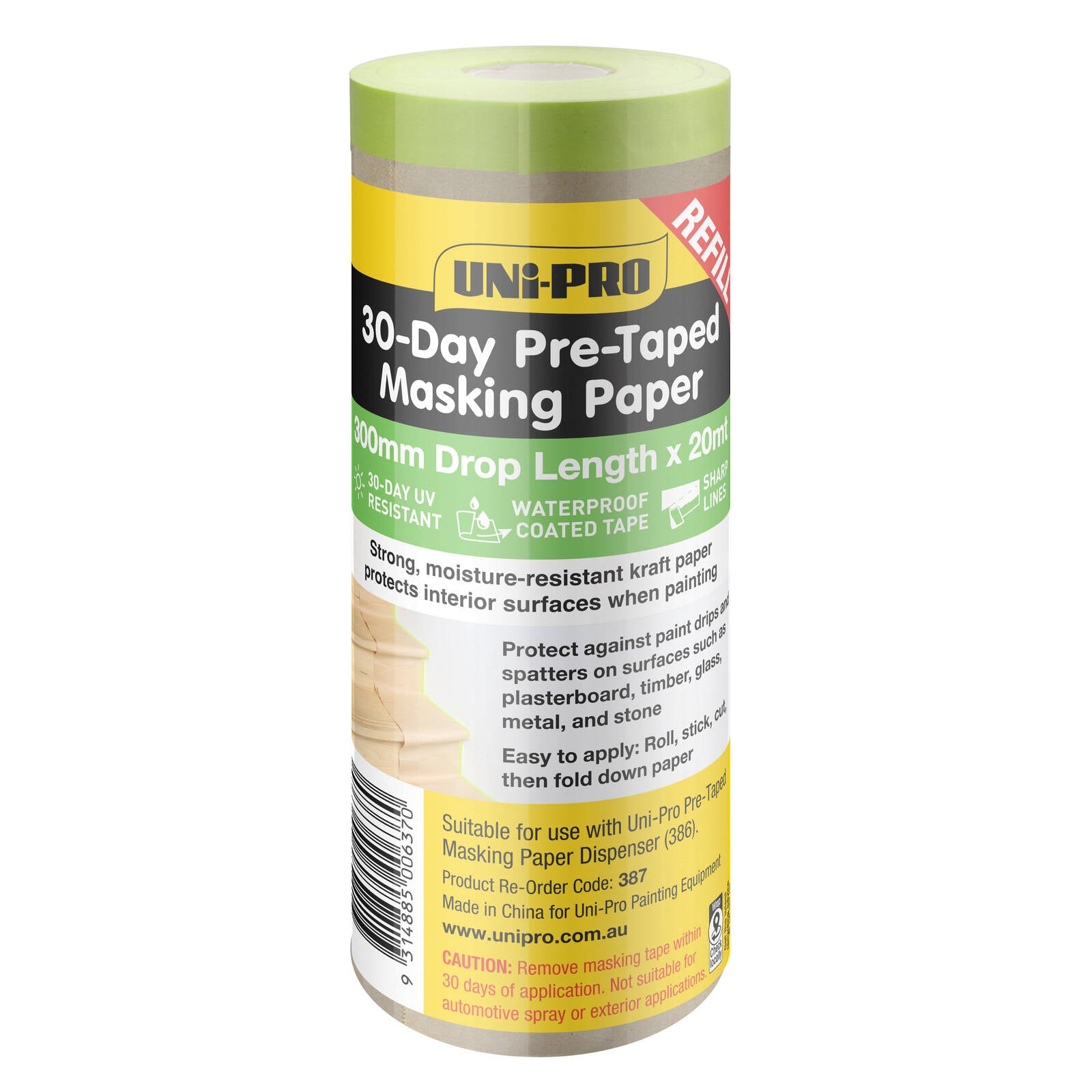 UNi-PRO 300mm x 20m 30-Day Pre-Taped Masking Paper Refill