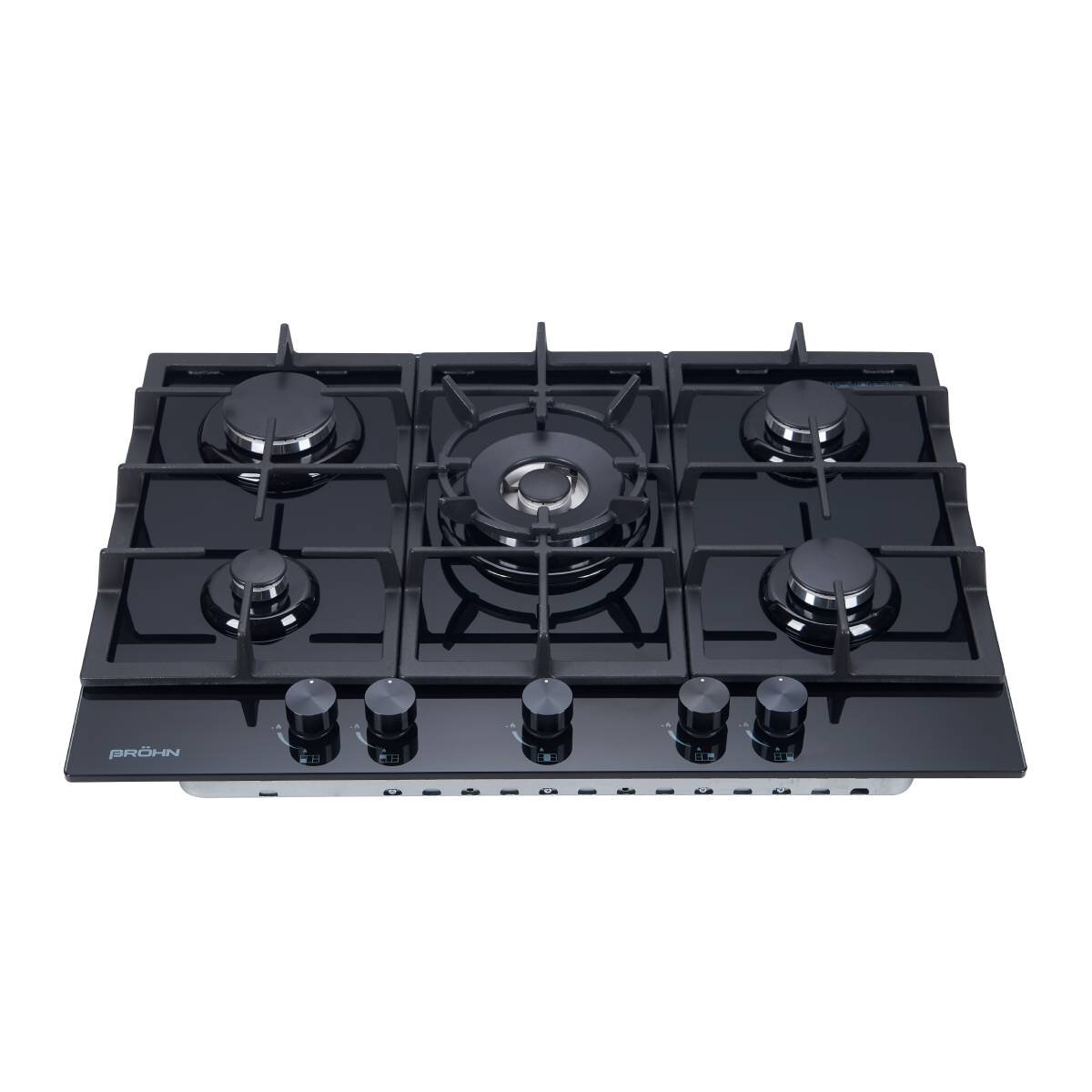 Brohn 70cm Natural Gas Cooktop - Black Tempered Glass, Five Burners, Triple Crown Wok Burner - BRG7000BLK