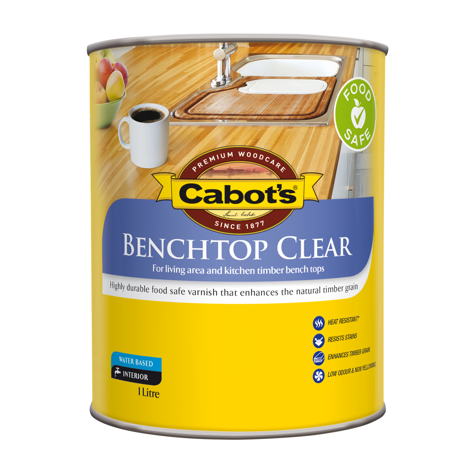 Cabot's 1L Clear Gloss Benchtop Timber Finish, Water-Based Splatter Resistant Varnish