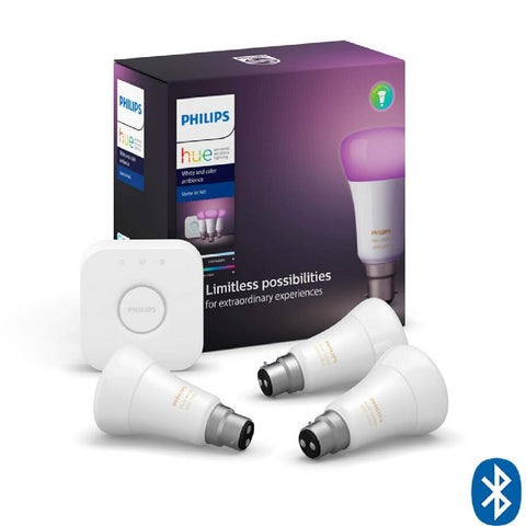 Philips Hue White and Colour Ambiance B22 Starter Kit - 3 A60 Bulbs, Bridge 2.0, Bluetooth - HUEWCAB22KITBT