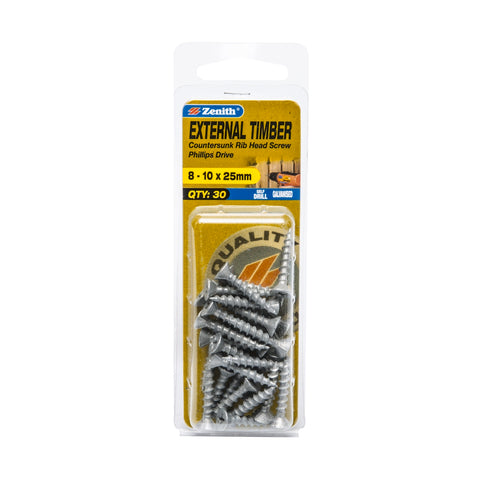 Zenith 8-10 x 25mm Galvanised Countersunk Rib Head External Timber Screws - 30 Pack