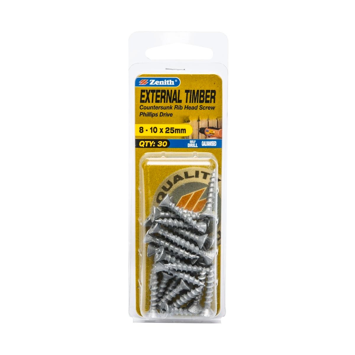 Zenith 8-10 x 25mm Galvanised Countersunk Rib Head External Timber Screws - 30 Pack