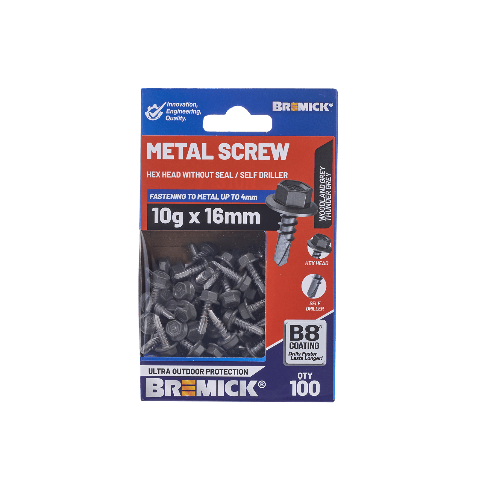 Bremick 10g x 16mm Hex Metal Screws B8 Woodland Grey - 100 Pack