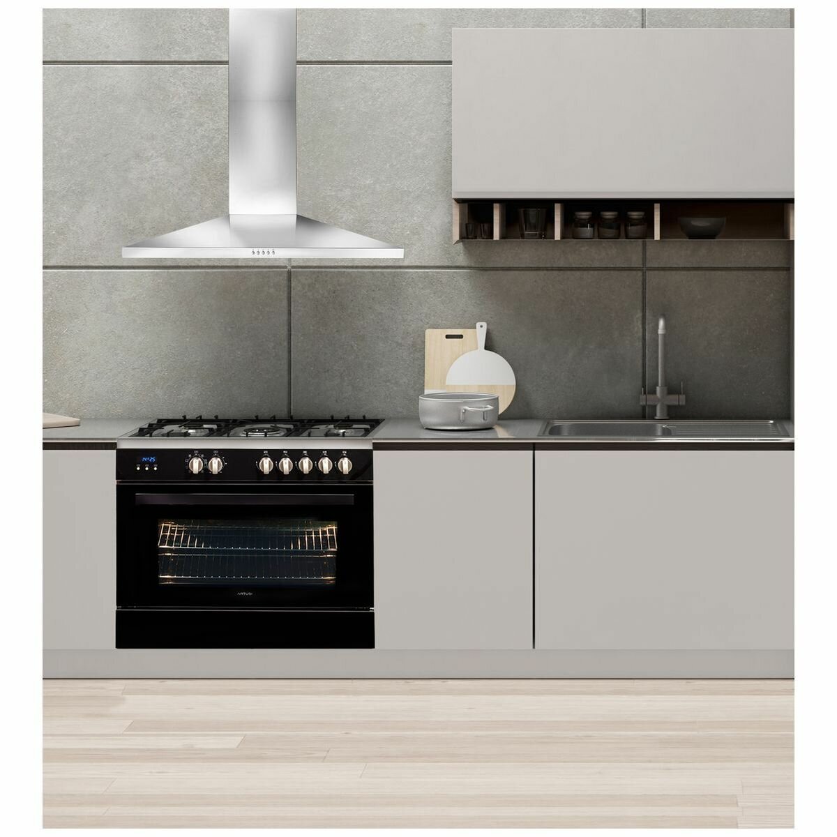 Artusi 90cm dual fuel freestanding oven - Black, 104L, 9 functions, rotisserie, wok burner - CAFG91B