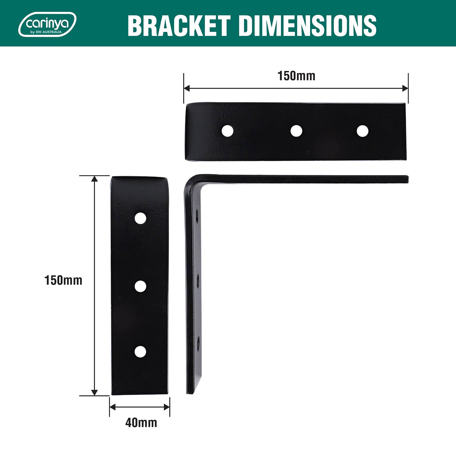 Carinya 150 x 150mm Black Powder Coated Steel Heavy Duty Angle Bracket, 150kg