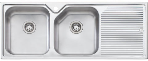 Oliveri Nu-Petite 1250mm Double Bowl Sink - Right Hand Drainer, Rear Waste Outlets, Australian Made - NP671
