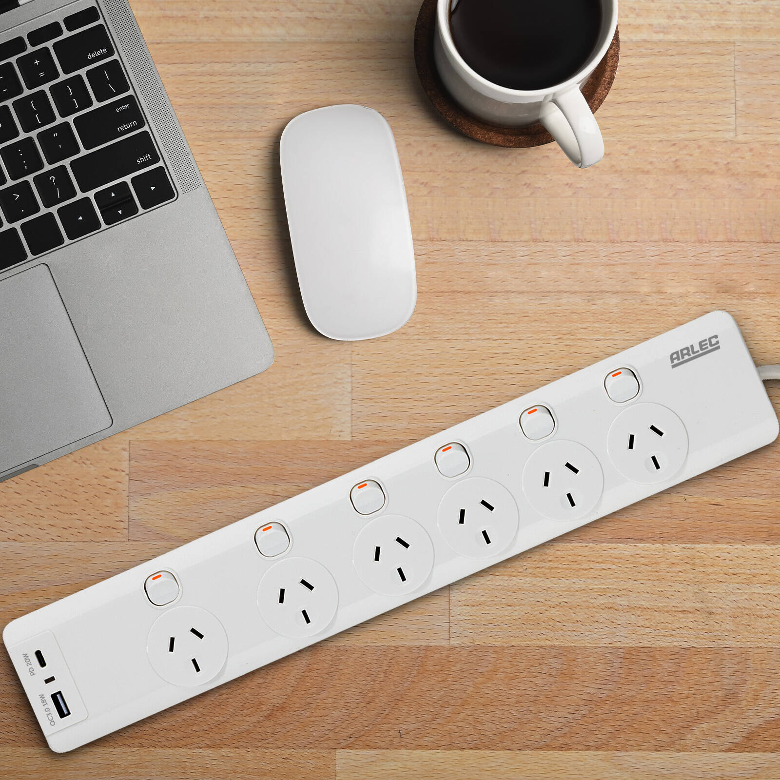 Arlec 6 Outlet Surge Protected Powerboard with PD20W USB Charging 1.8m White PB66UAC