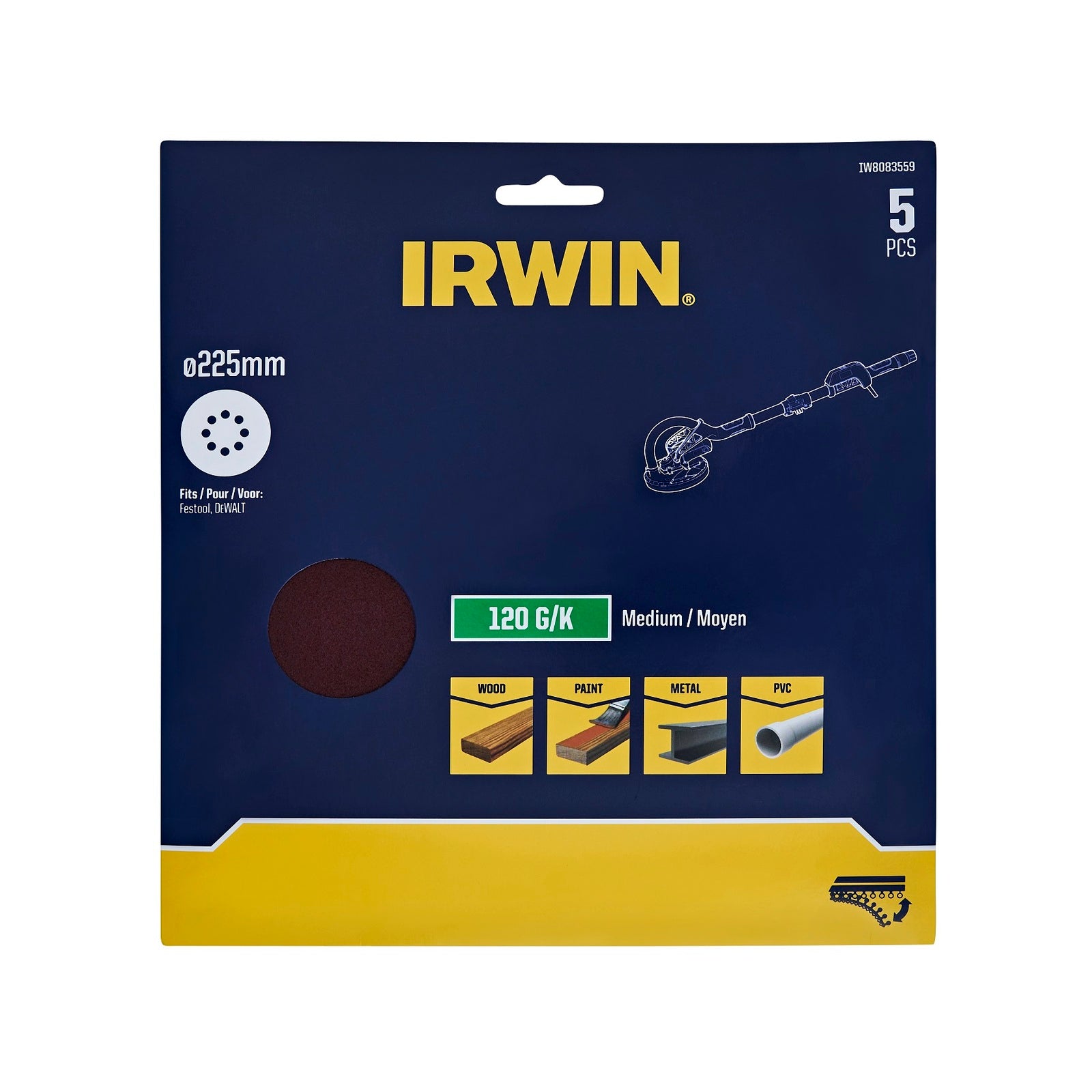 Irwin 225mm 180 Grit 8-Hole Quick Fit Drywall Sanding Discs - 5 Pack