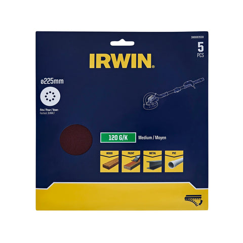 Irwin 225mm 180 Grit 8-Hole Quick Fit Drywall Sanding Discs - 5 Pack