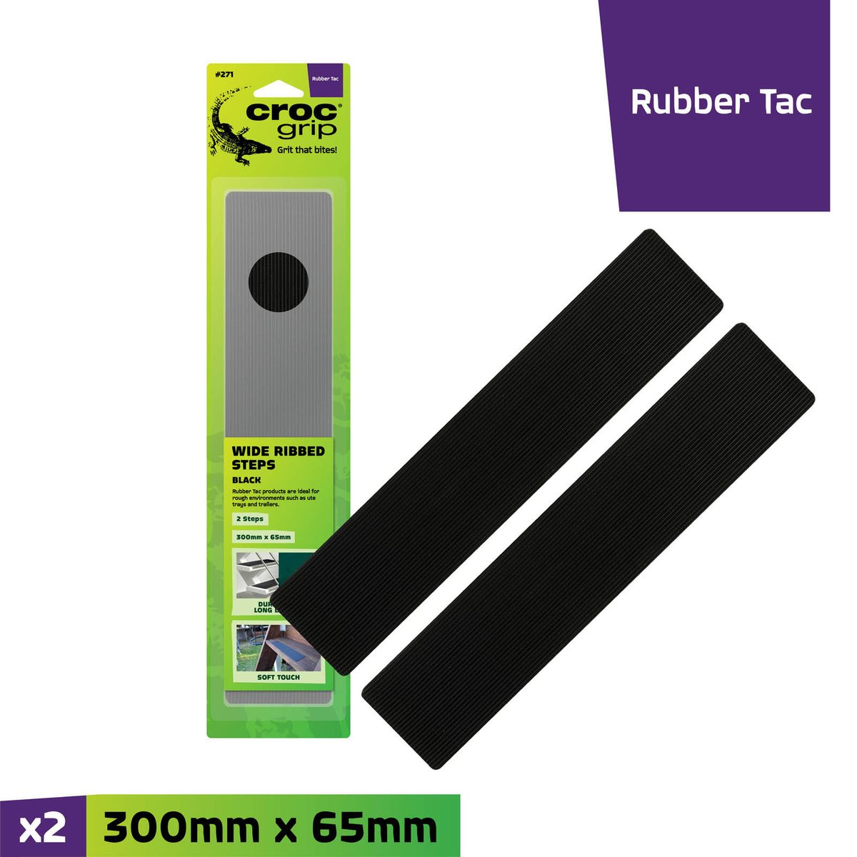 Croc Grip 300 x 65mm Black Rubber Anti-Slip Steps, 2 Pack