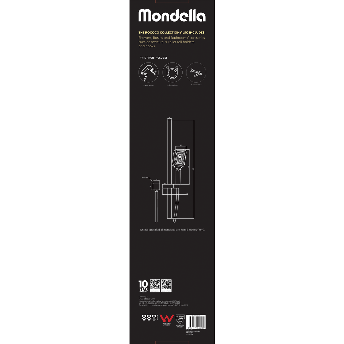 Mondella Matte Black Rococo Multifunction Rail Shower 9L/min WELS 6 Star 4 Spray