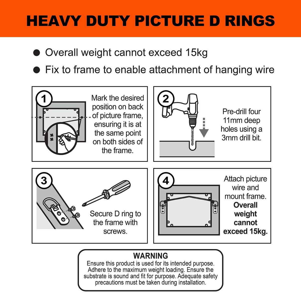 Everhang Heavy Duty Picture Hanging D Ring 15kg Zinc Plated 4 Pack - SuperSaverAU - view 3