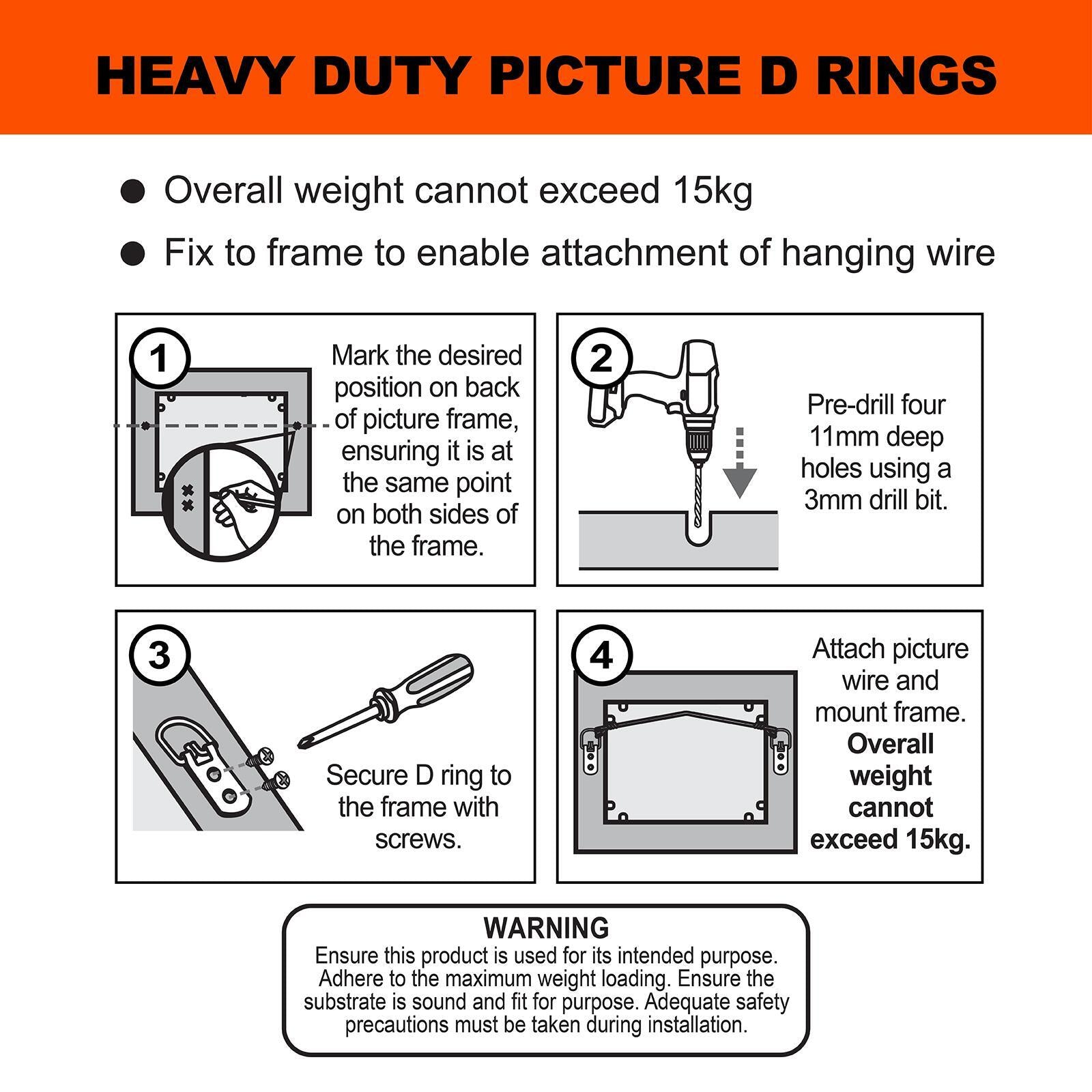 Everhang 15kg Zinc Plated Heavy Duty Picture Hanging D-Ring - 4 Pack