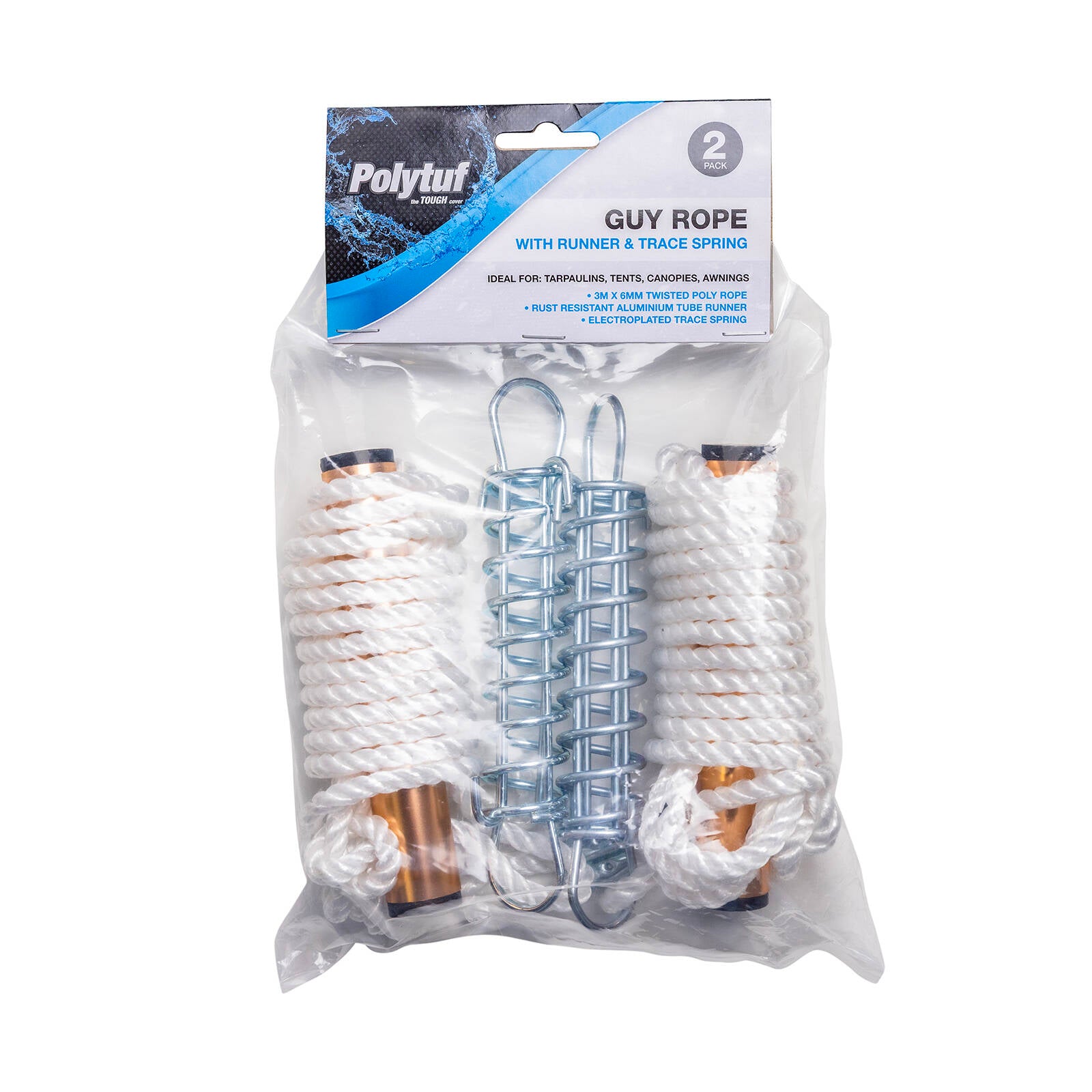 Polytuf Guy Rope 6mm x 3m with Runner & Trace Spring 2 Pack