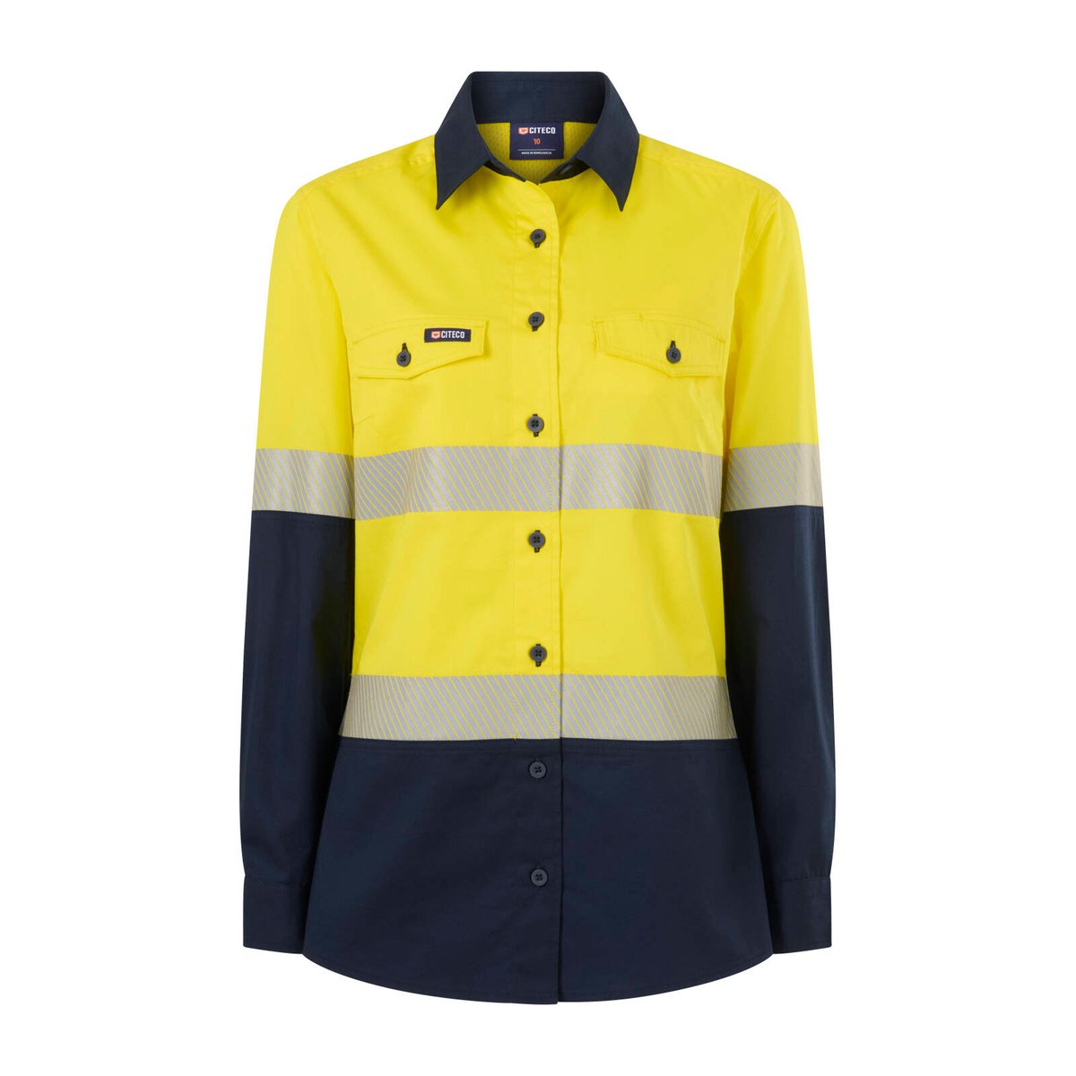Citeco Womens Long Sleeve Shirt Size 12 - Yellow Navy - Hi Vis - UPF 50+ - SuperSaverAU - view 1