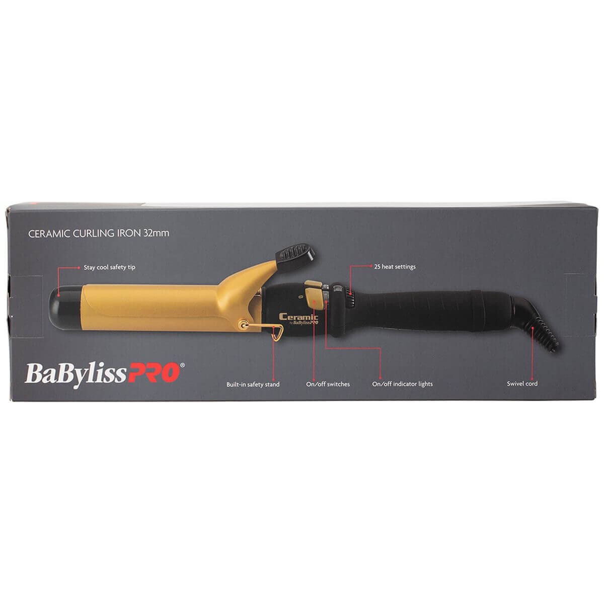 BaBylissPRO 32mm ceramic curling iron - black and gold, heat selection dial, safety cool tip - 900780