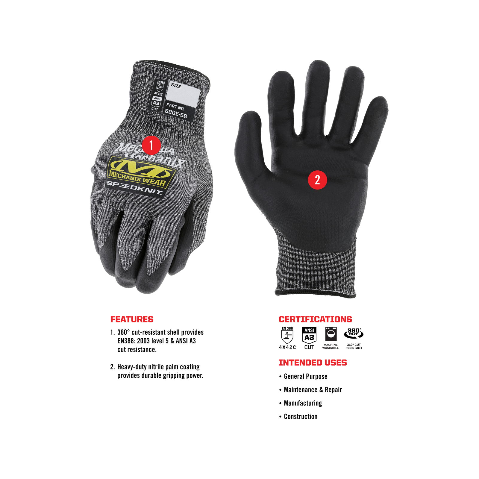 Mechanix Wear Small SpeedKnit CR5 Cut Resistant Nitrile Coated Gloves