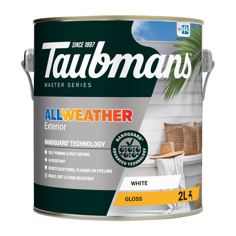 Taubmans 2L White Gloss All Weather Exterior Paint Water Based UV Resistant