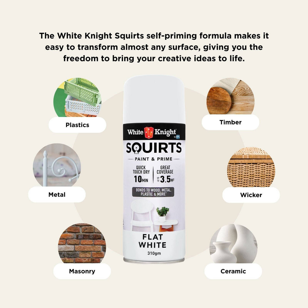 White Knight Squirts White Flat Spray Paint 310g - Solvent-Based Paint & Primer, Waterproof