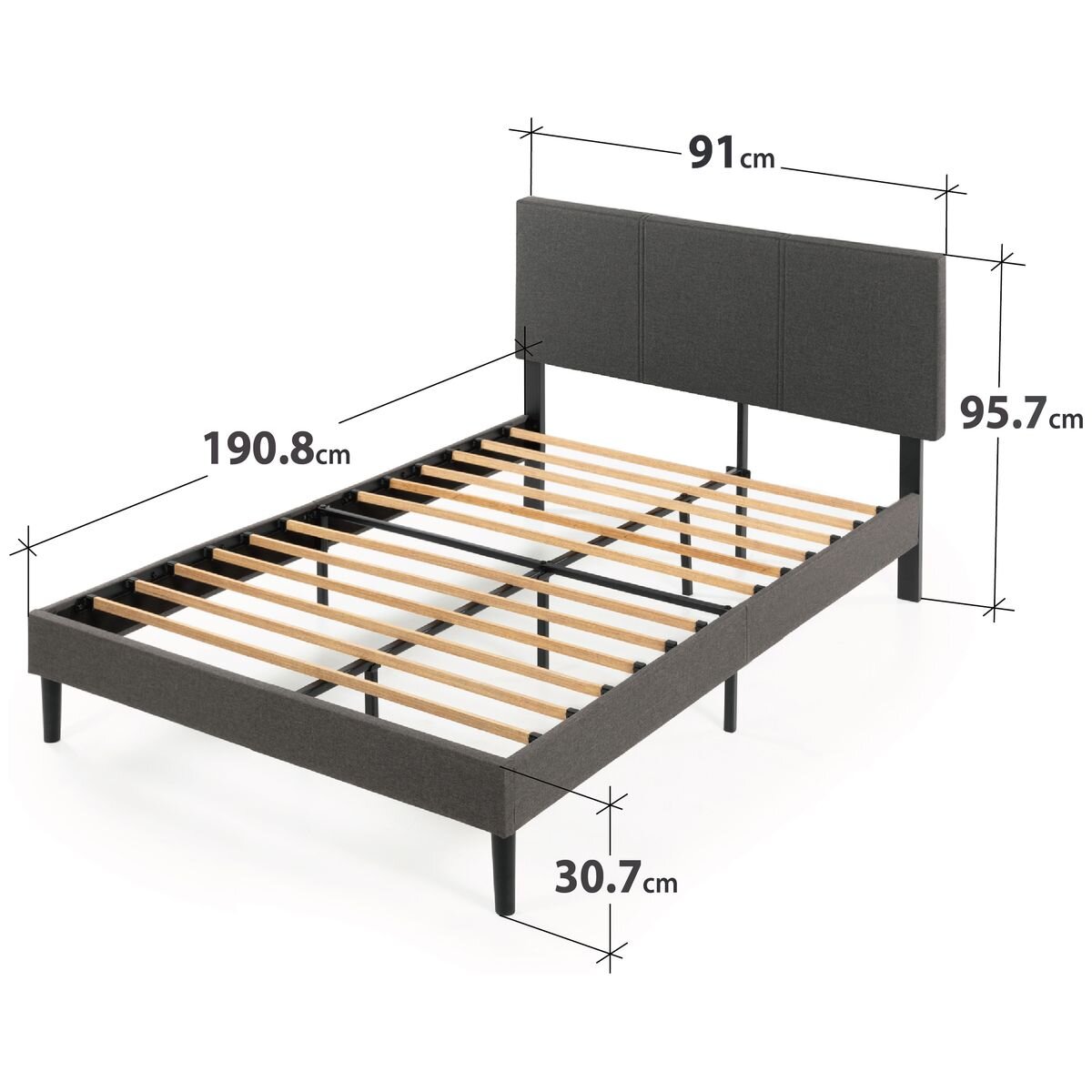Zinus Single Cambril bed frame - dark grey fabric upholstery, steel frame, 150kg capacity - AU-FPPBC1-38S