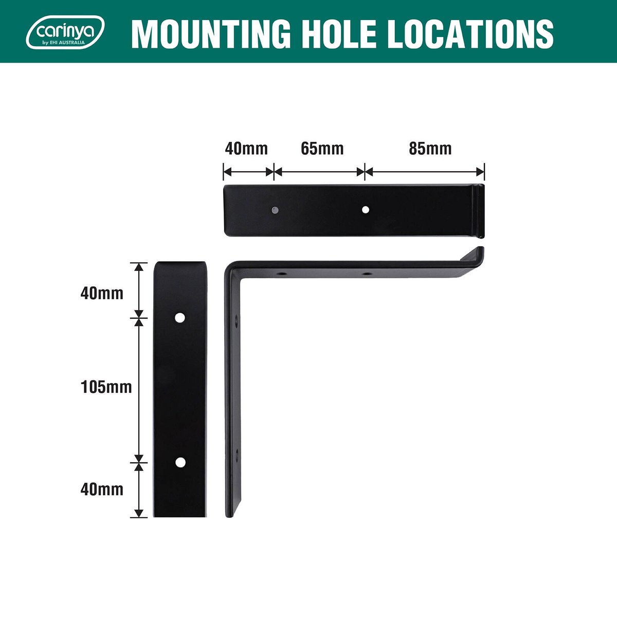 Carinya 185 x 185mm Black Powder Coated Steel Lipped Angle Bracket Wall Mount 100kg Load