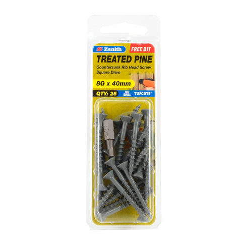 Zenith 8G x 40mm Tufcote Countersunk Rib Head Treated Pine Screws 25 Pack