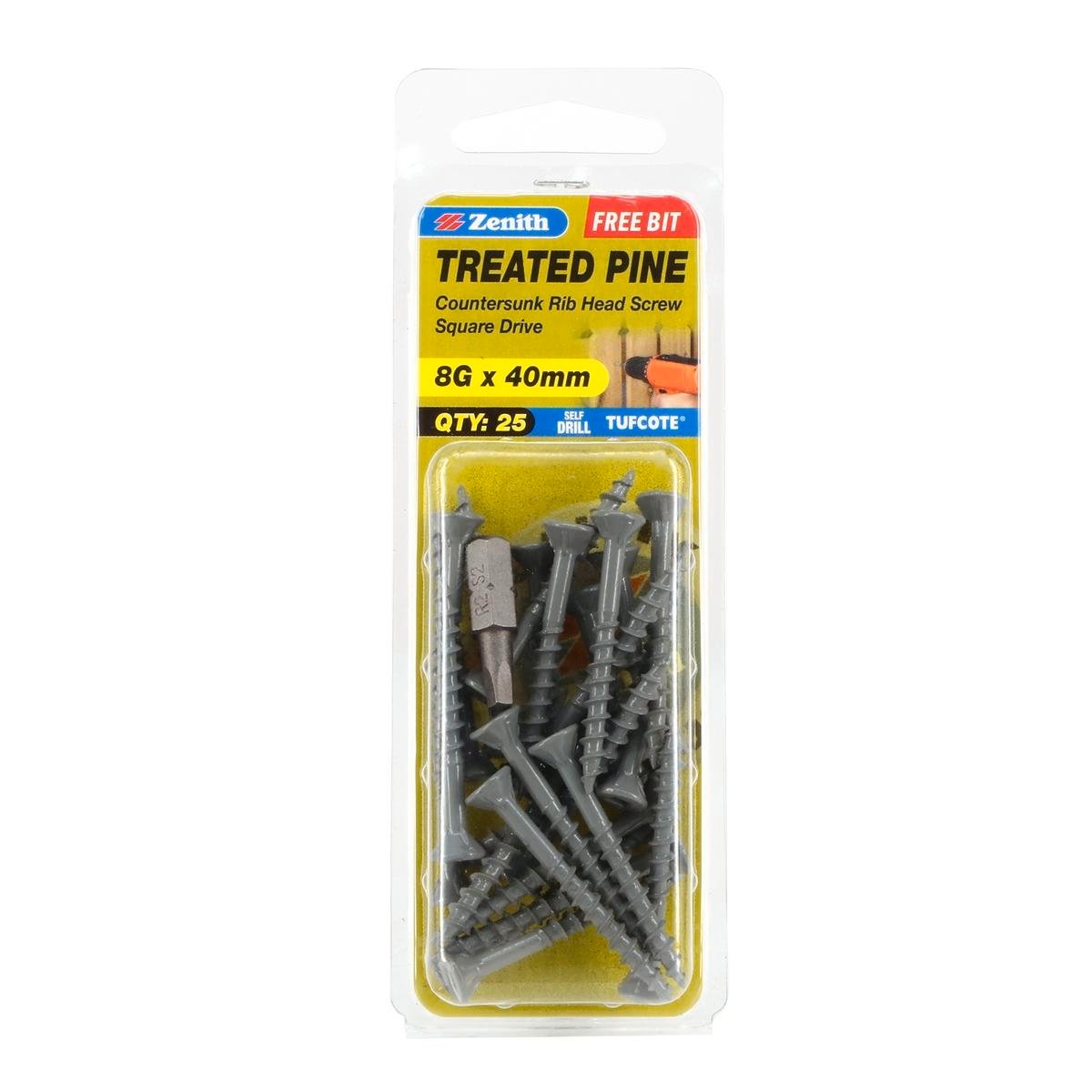Zenith 8G x 40mm Tufcote Countersunk Rib Head Treated Pine Screws 25 Pack