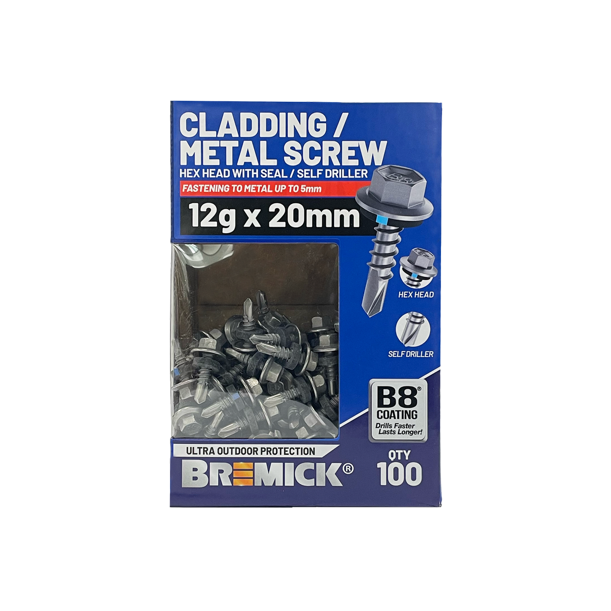 Bremick 12g x 20mm Hex Metal Screw, Carbon Steel B8 Coating, Sealed Head Drill Point Fine Thread - 100 Box