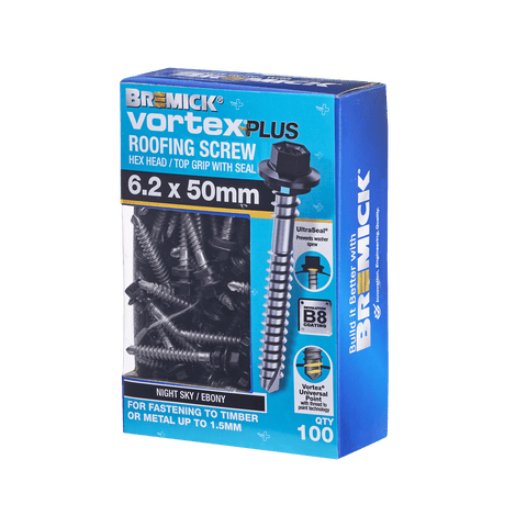 Bremick 6.2 x 50mm Vortex Plus Roofing Screw with Seal, Ebony Hex Head - 100 Box