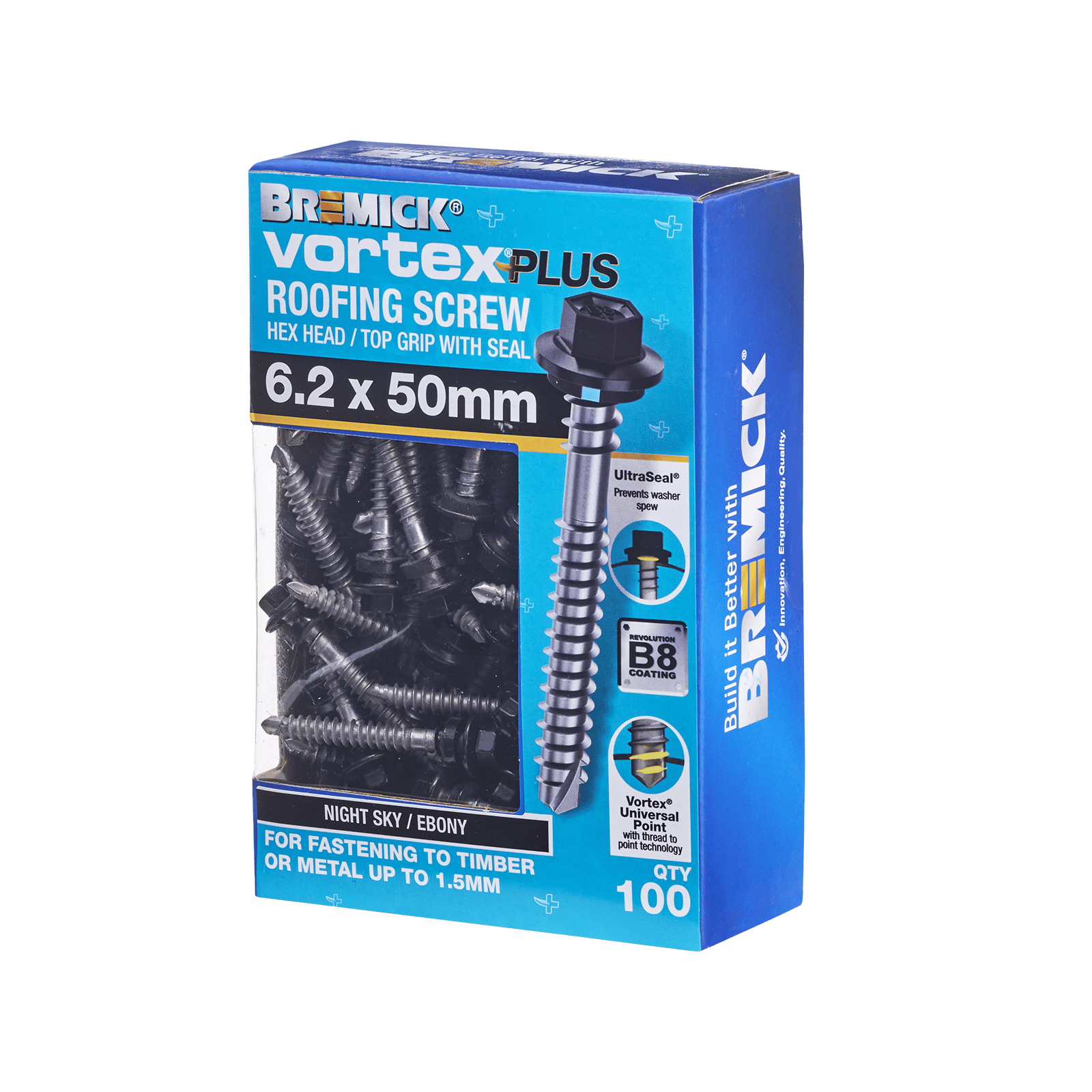 Bremick 6.2 x 50mm Vortex Plus Roofing Screw with Seal, Ebony Hex Head - 100 Box
