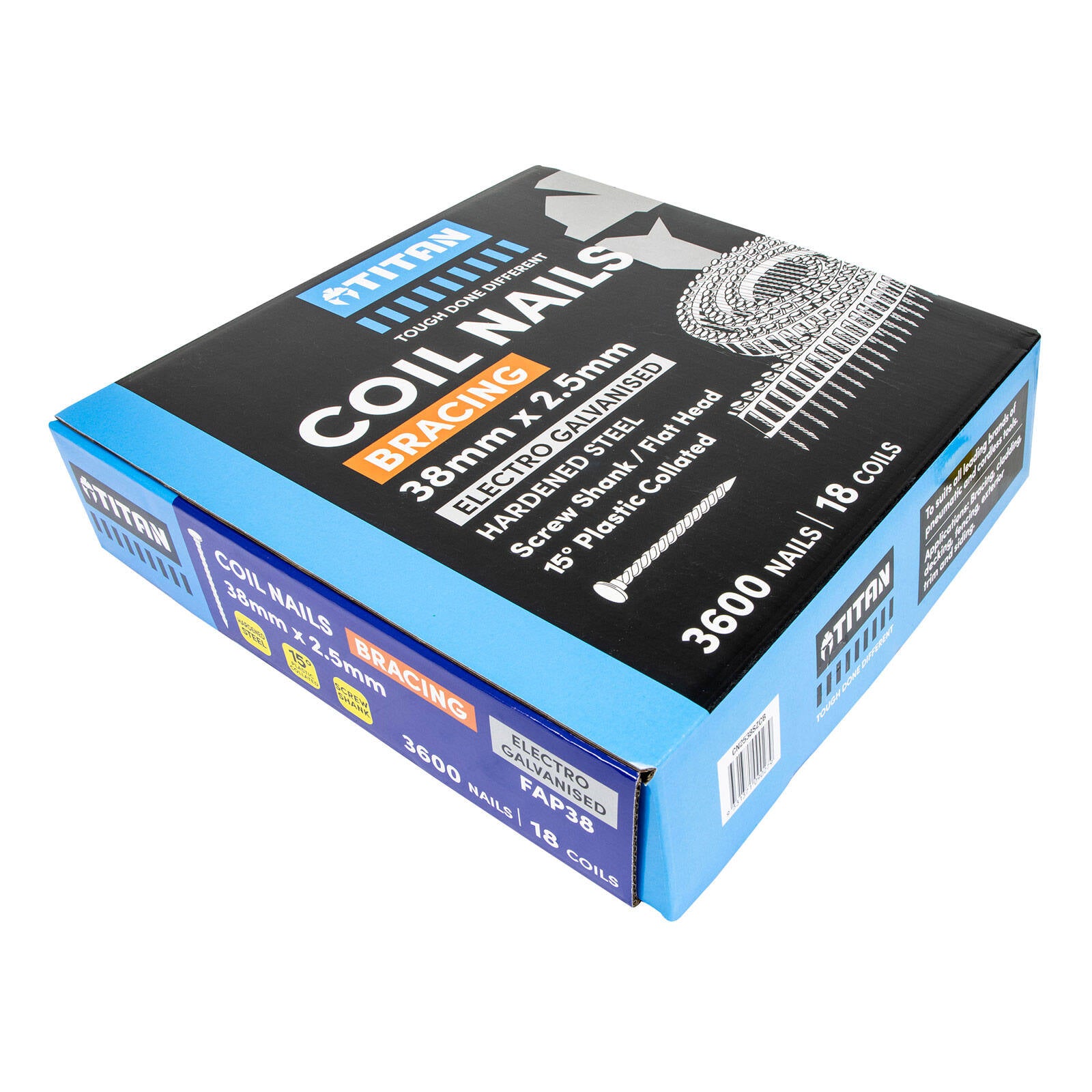 Titan 38 x 2.5mm Hardened Electro Galvanised Collated Coil Nail Screw - 3600 Pack
