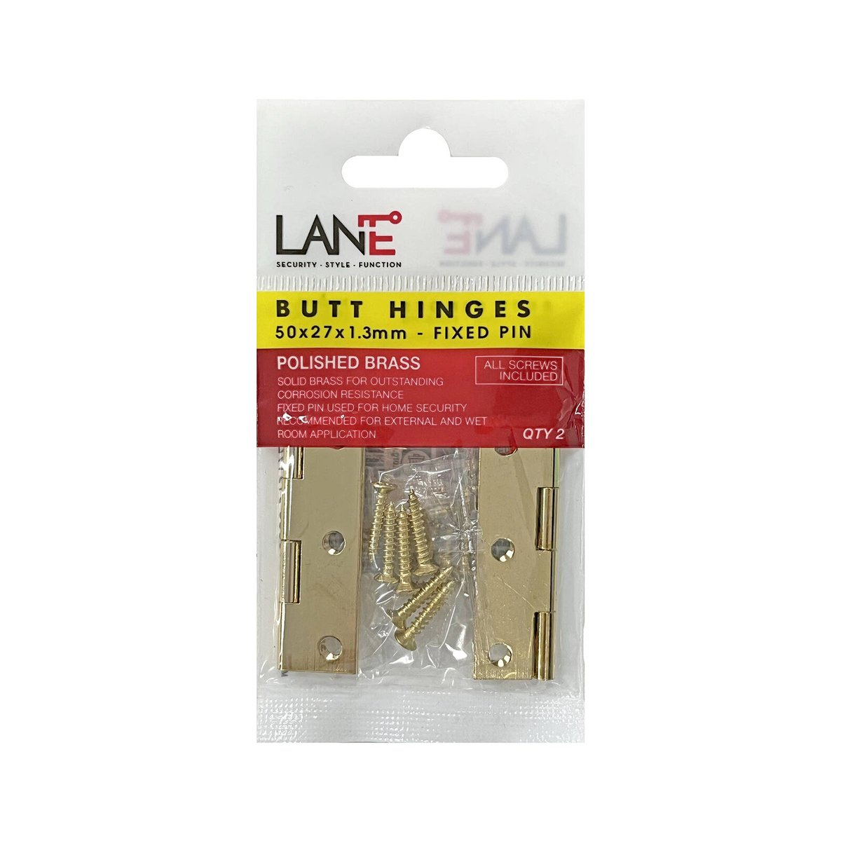 Lane Brass Fixed Pin Butt Hinge 50x27x1.3mm 2 Pack Corrosion Resistant - SuperSaverAU - view 1