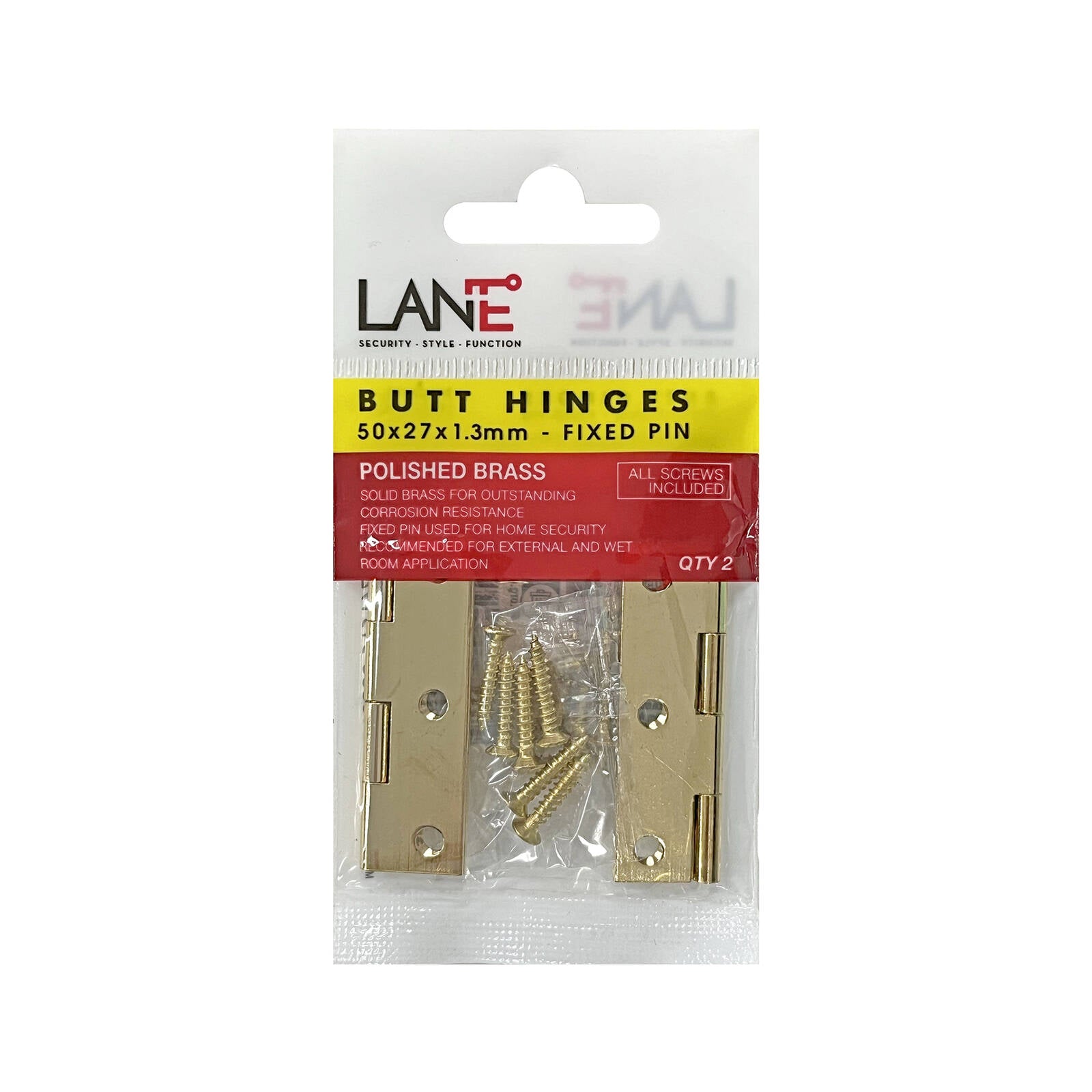 Lane 50 x 27 x 1.3mm Solid Brass Fixed Pin Butt Hinge, Indoor & Outdoor, 2 Pack