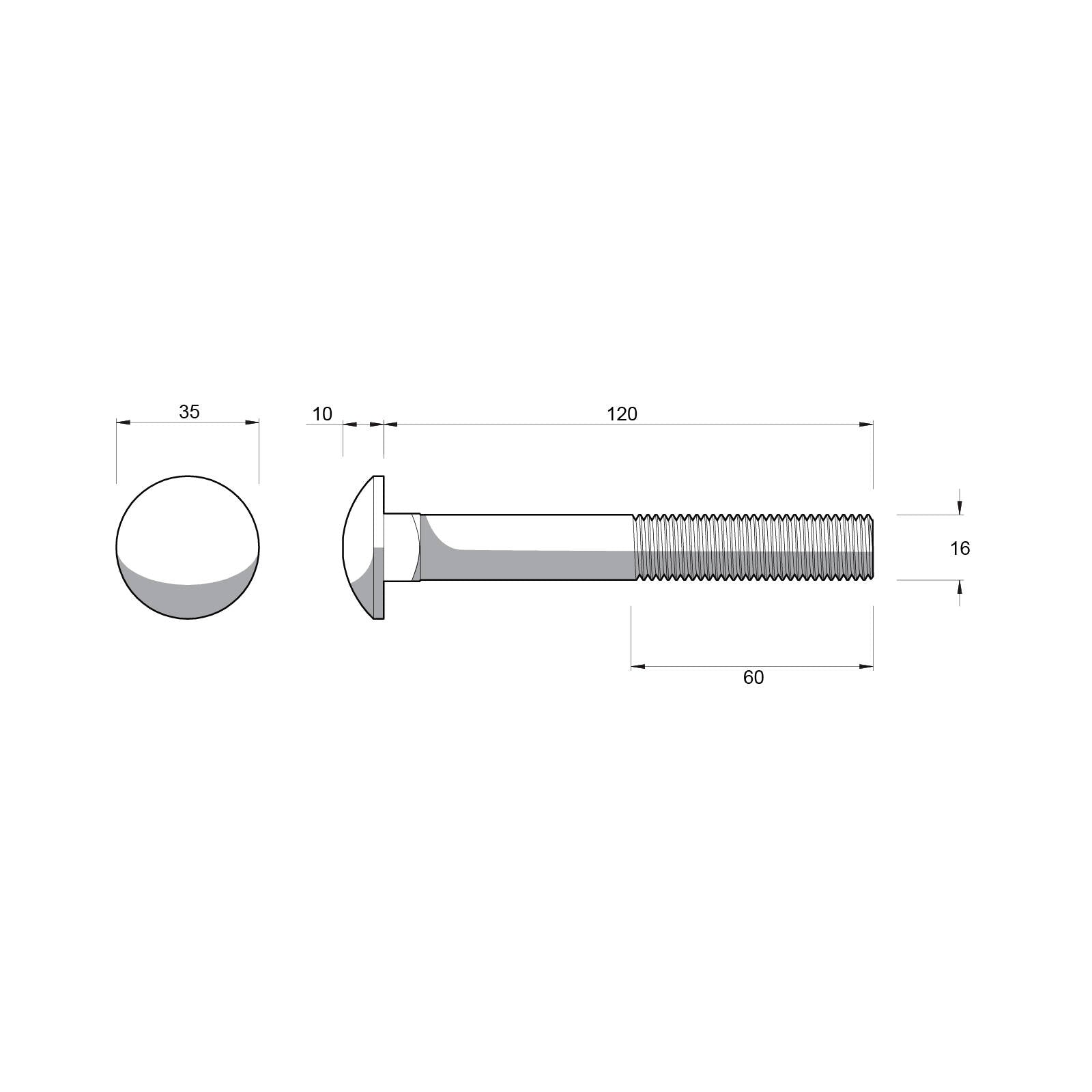 Zenith M16 x 120mm Hot Dip Galvanised Cup Head Bolt and Nut - Each
