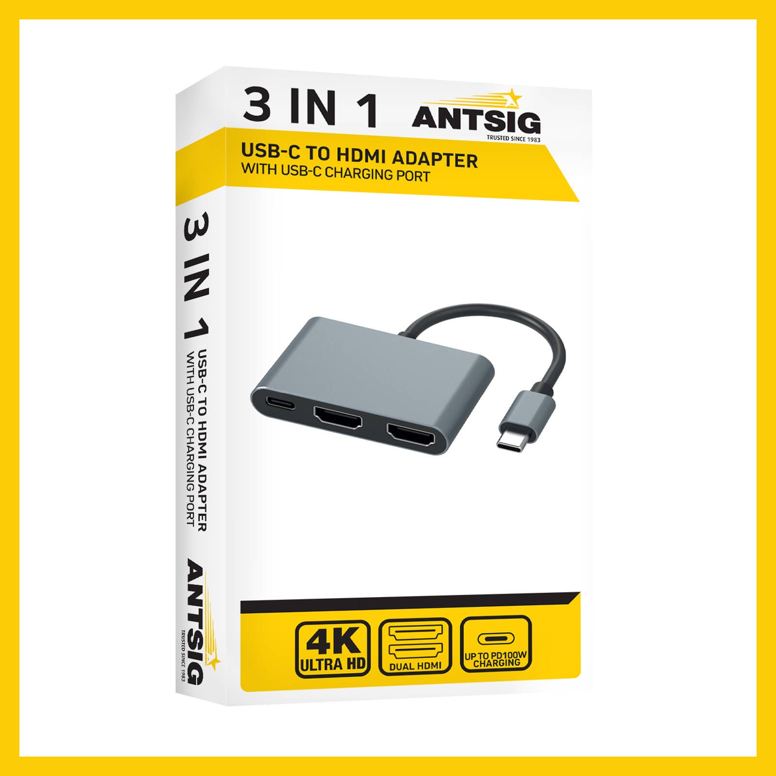Antsig 3-in-1 USB-C to HDMI Adapter AP580B - Grey Aluminium, Dual HDMI Plus Charging