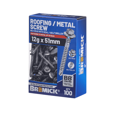 Bremick 12G x 51mm Hex Roofing Screw with Seal, Drill Point Fine Thread - 100 Box