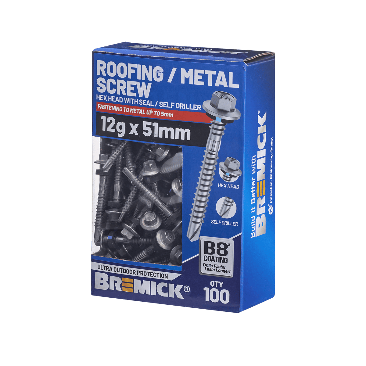Bremick 12G x 51mm Hex Roofing Screw with Seal, Drill Point Fine Thread - 100 Box