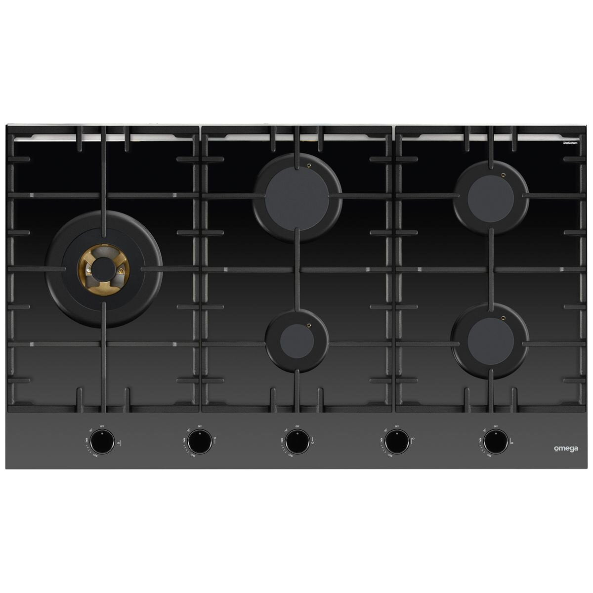 Omega 90cm Natural Gas Cooktop - Black Ceramic Glass, Five Burners, Wok Burner, Brass Burners - OCGG905WB